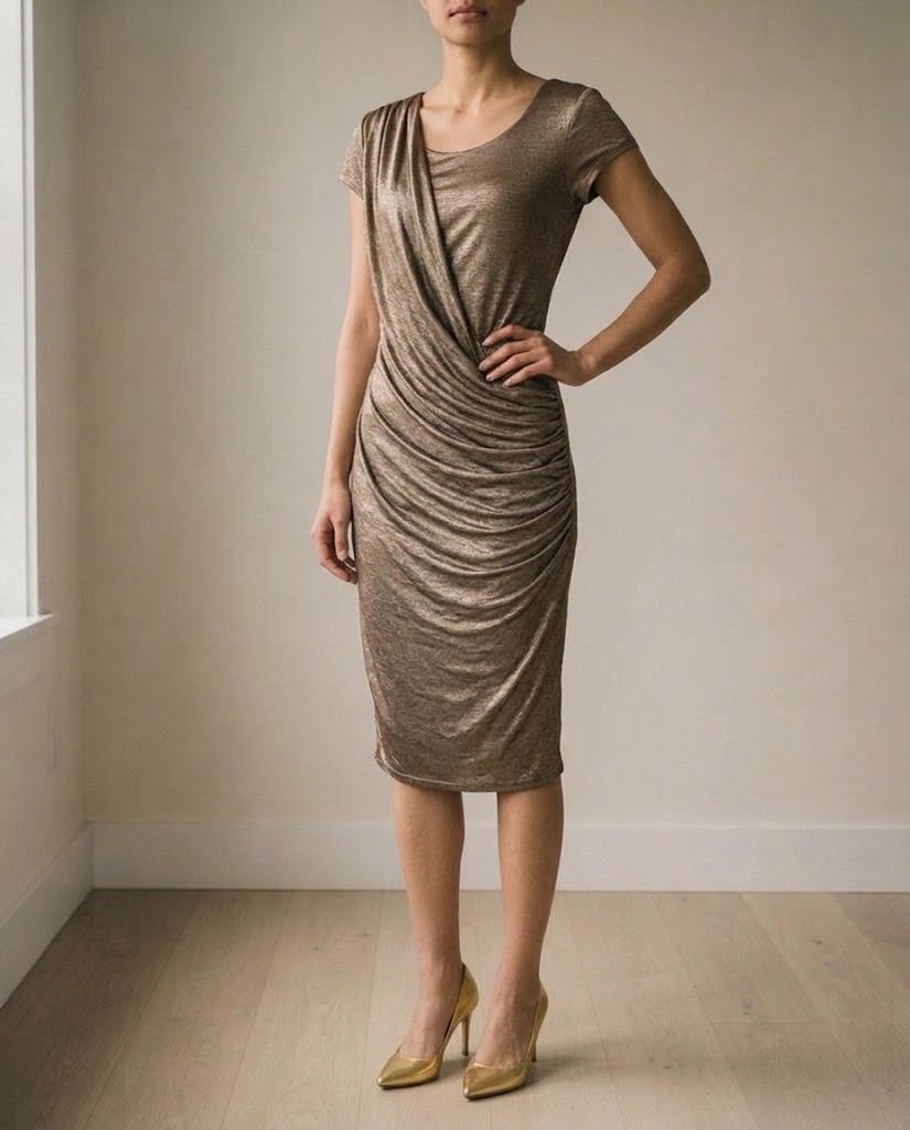RIVER ISLAND GRAY GOLD DRESS (Category: Evening dresses & gowns) located in Marikina City. Submitted by minimalistmanila (Listing ID 1470714540, Image 1). Description: River Island gray gold dress. Stretchy fabric. Medium size. Bought in London. Order now! *Color may vary due to lighting. .