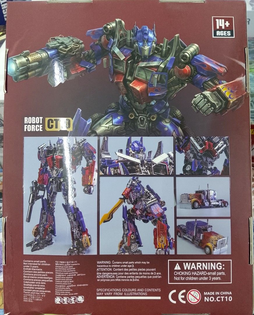 Robot Force Champion CT-10 Optimus Prime (Category: Figurines & Statues) located in Manila. Submitted by mauchan00000303 (Listing ID 1470642265, Image 3). Description: - Robot Force Champion CT10 collectible action figure - Smoothly transforms from robot mode into a detailed semi-truck with cool flame decals - Includes interchangeable blasters, multiple swords, and various accessories for display - Features dynamic character illustration on the b