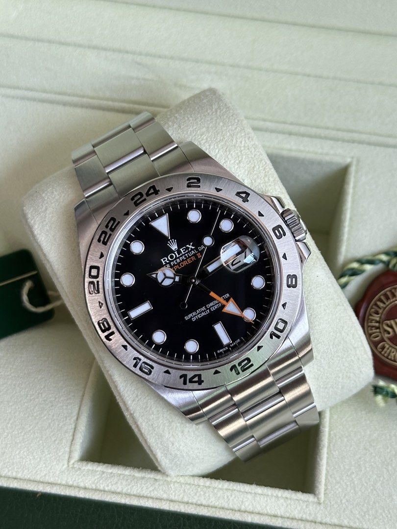Rolex Explorer II Black 42mm Ref 216570 (Category: Luxury Watches) located in Caloocan City. Submitted by checksoverstripes__ (Listing ID 1470626781, Image 2). Description: Rolex Explorer II 42mm Ref. 216570 Calibre 3187 Black Dial, Orange GMT hand Oyster Bracelet (Complete links) 2013 (Local AD) 9.5/10 Very Good Condition Complete Set (Boxes, Tags, Manuals & Card) ₱478,000 only‼️ Slightly Negotiable‼️ Lowest in the Market 😋 Trades are 🆗 🫶🏼.