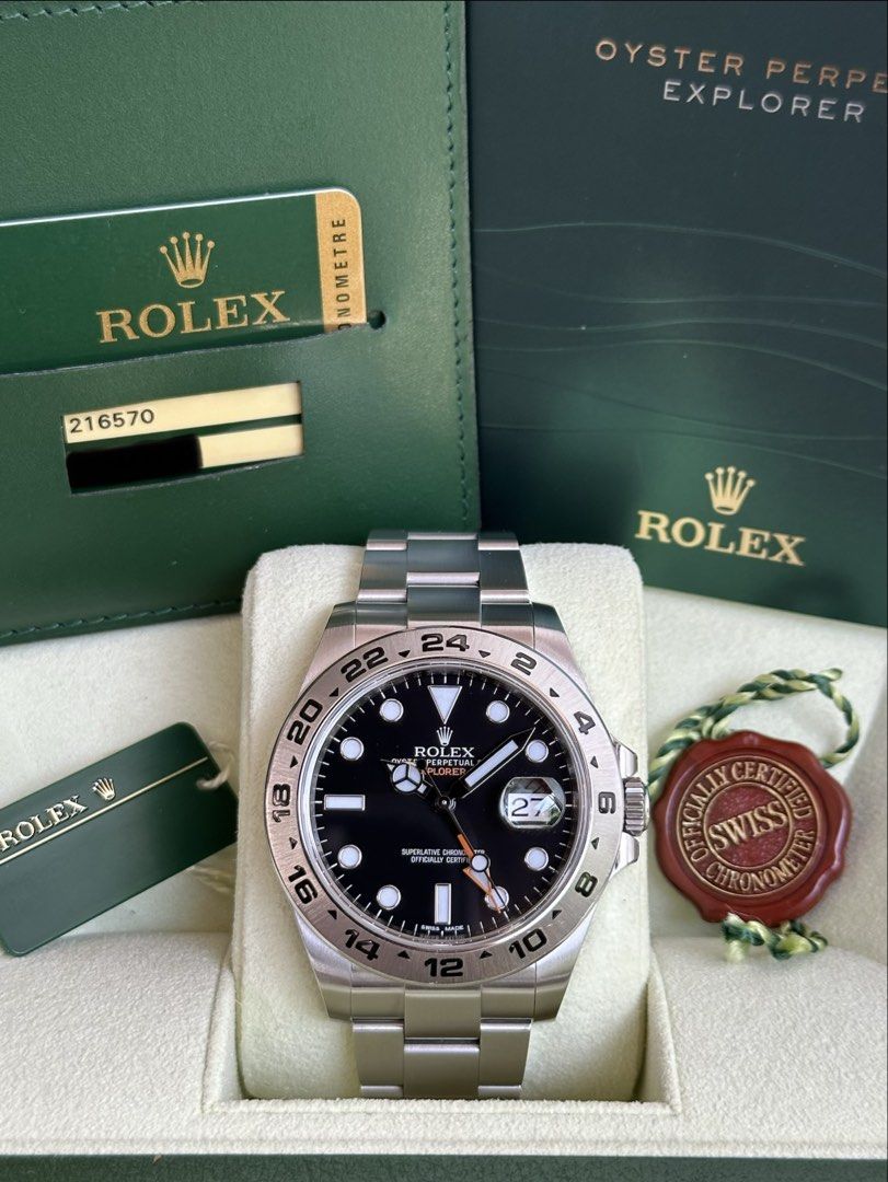 Rolex Explorer II Black 42mm Ref 216570 (Category: Luxury Watches) located in Caloocan City. Submitted by checksoverstripes__ (Listing ID 1470626781, Image 1). Description: Rolex Explorer II 42mm Ref. 216570 Calibre 3187 Black Dial, Orange GMT hand Oyster Bracelet (Complete links) 2013 (Local AD) 9.5/10 Very Good Condition Complete Set (Boxes, Tags, Manuals & Card) ₱478,000 only‼️ Slightly Negotiable‼️ Lowest in the Market 😋 Trades are 🆗 🫶🏼.