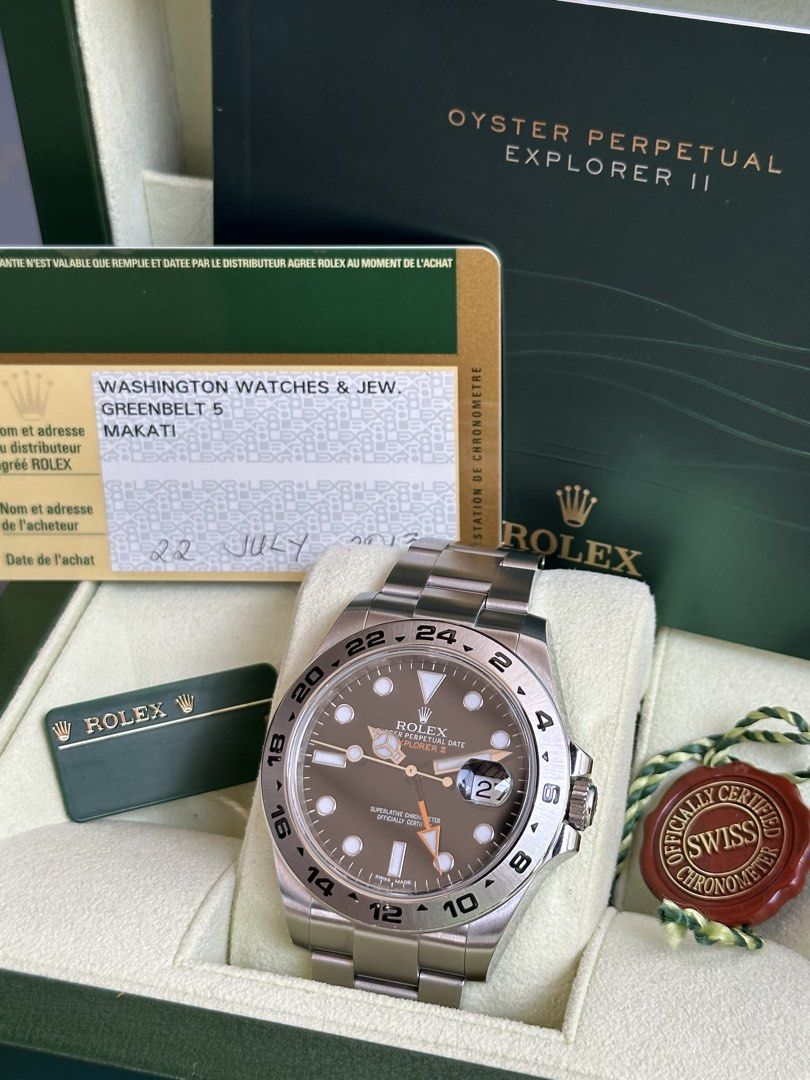 Rolex Explorer II Black 42mm Ref 216570 (Category: Luxury Watches) located in Caloocan City. Submitted by checksoverstripes__ (Listing ID 1470626781, Image 3). Description: Rolex Explorer II 42mm Ref. 216570 Calibre 3187 Black Dial, Orange GMT hand Oyster Bracelet (Complete links) 2013 (Local AD) 9.5/10 Very Good Condition Complete Set (Boxes, Tags, Manuals & Card) ₱478,000 only‼️ Slightly Negotiable‼️ Lowest in the Market 😋 Trades are 🆗 🫶🏼.