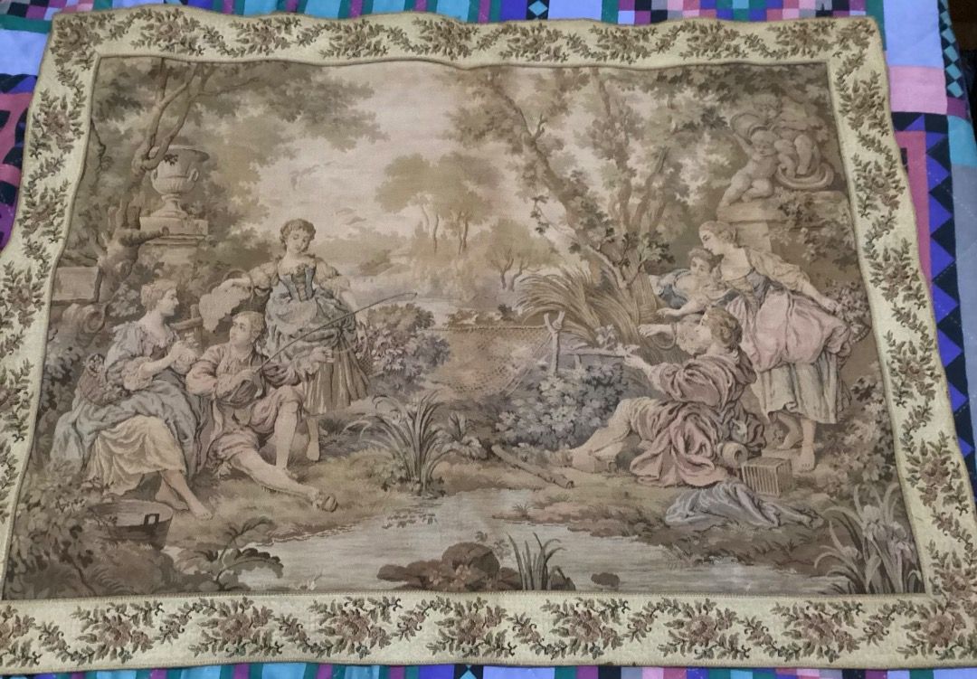 Vintage wall Tapestry Made in Germany (Category: Wall Decor) located in Arayat. Submitted by arayat2012 (Listing ID 1470633025, Image 1). Description: - Title: Chasse et Pêche by Rosel - Origin: Made in Germany - Material: 100% cotton textile - - Size: Approximately 98x74 cm.