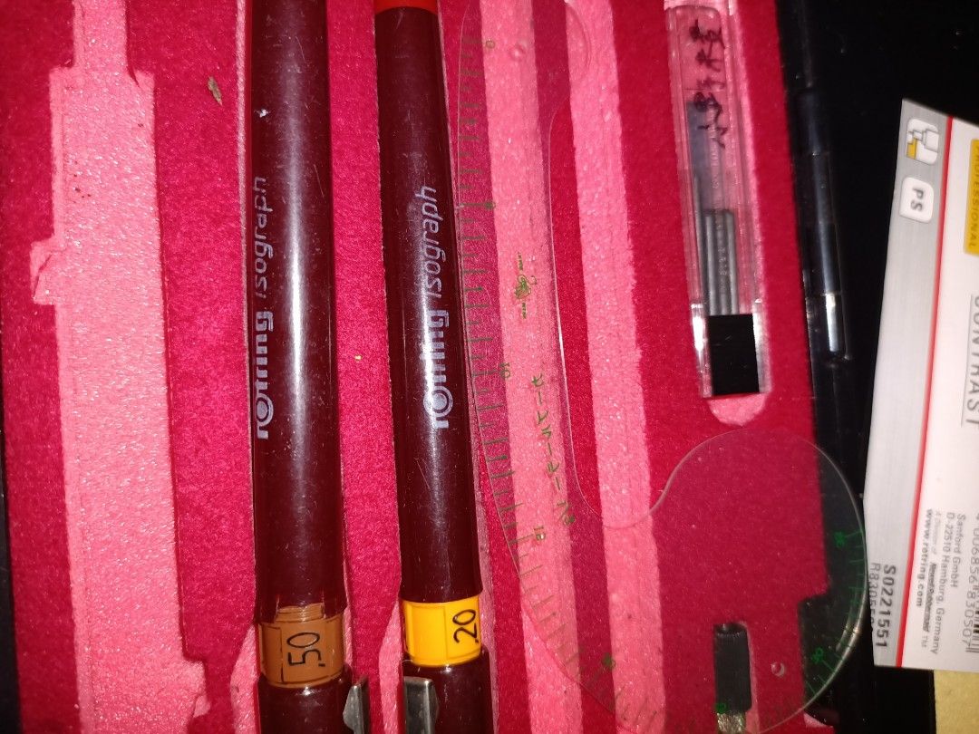 Rotring Isograph Drafting Set Technical Pen Mechanical Pencil Compass (Category: Stationery & School Supplies) located in Taguig. Submitted by grandfish_55ab5c (Listing ID 1470570858, Image 3). Description: - Authentic Rotring Isograph technical pen set in a fitted case - Includes two pens with nib sizes 0.20 and 0.50 - Comes with a mechanical compass and spare leads - Includes drafting templates, rulers, and a protractor - Red velvet interior li