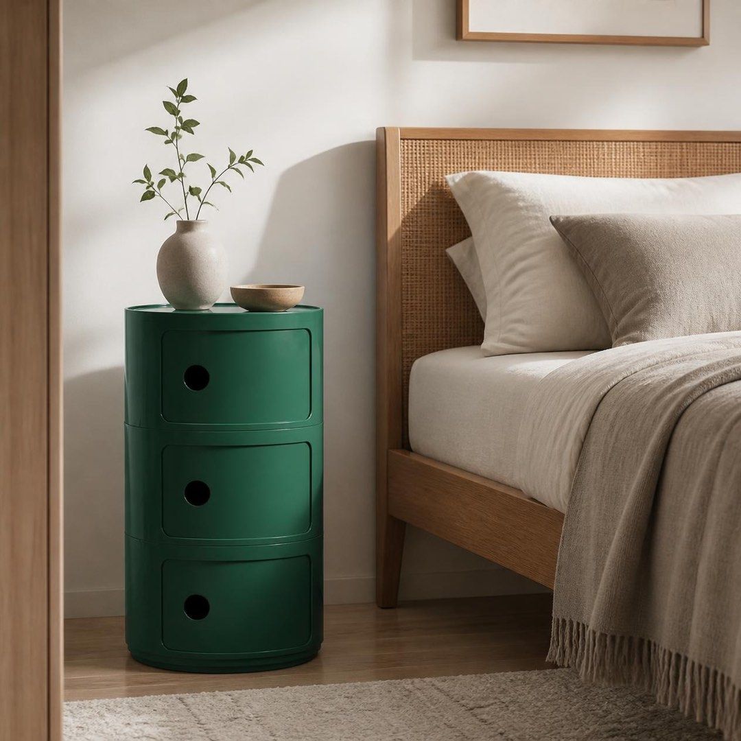 Round 3-level Storage Cabinet Bedside Table (Category: Shelves, Cabinets & Racks) located in Pasig City. Submitted by jk_rldn (Listing ID 1470562047, Image 1). Description: - Modern round 3-level storage cabinet and bedside table - Features three spacious drawers with convenient finger-hole handles - Space-saving cylindrical design ideal for bedrooms, dorms, or small living spaces - Crafted with a smooth, easy-to-clean finish - Available in styli