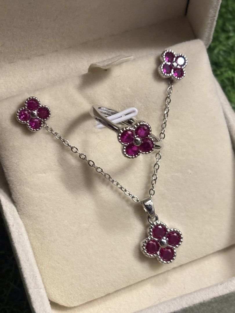 ❤️ruby set ring, earrings & necklace gemstone (Category: Necklaces) located in Davao. Submitted by ememlou17 (Listing ID 1470575214, Image 2). Description: ❤️Ruby set earrings, ring & necklace gemstone. Ring size 7 adjustable Necklace size 16-18inches Markings au750 Uv reactive Dt tester reactive Rodium/ Platinum over copper based metal Tarnish resistant with extra care Message me directly📩.