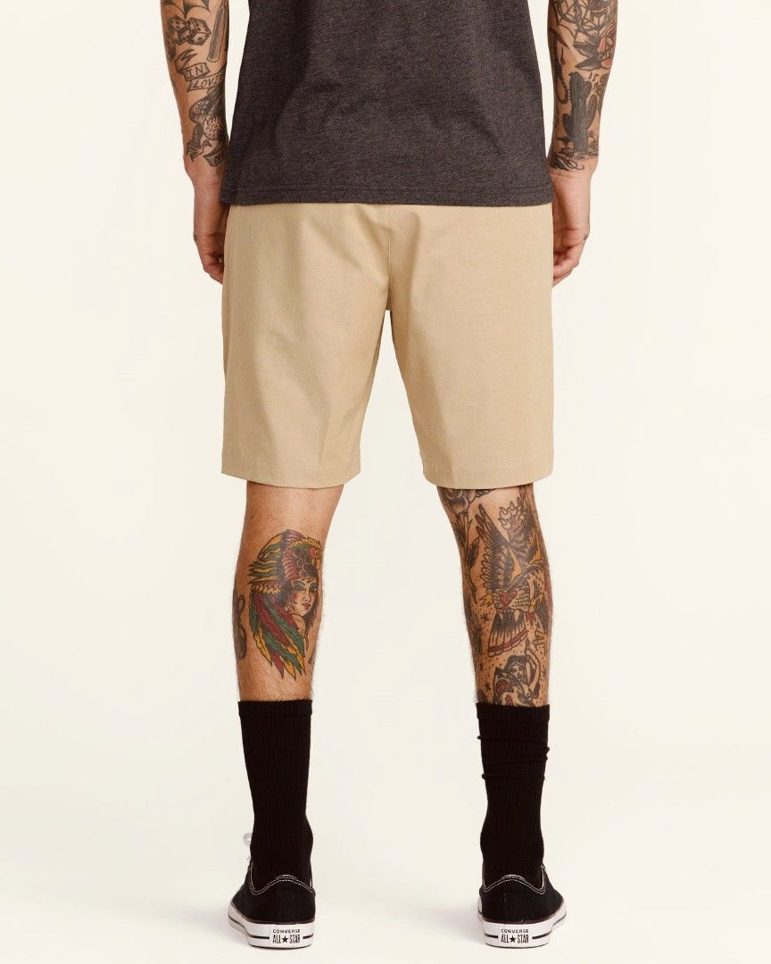 RVCA 4-Way Performance Stretch Shorts Khaki Size 32-33 (Category: Shorts) located in Narra. Submitted by rhyanguan63087 (Listing ID 1470571406, Image 1). Description: - Brand: RVCA - Color: Khaki Heather - Size: 32 waistband with button closure - Material: 4-way performance stretch fabric for maximum mobility - Pockets: Two front pockets and two back welt pockets with RVCA label - Details: Small loop detail on the back waist - Condition: Clean in