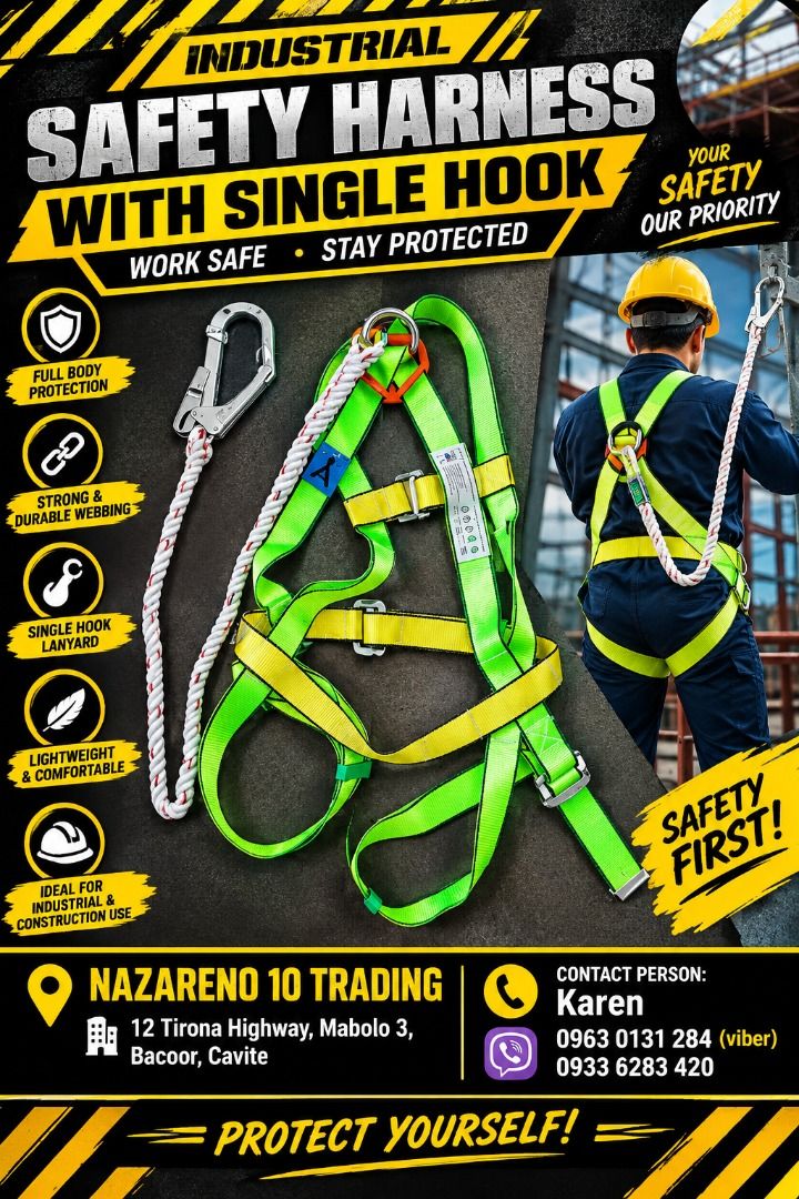 SAFETY HARNESS WITH BIG HOOK (Category: Looking For) located in Bacoor. Submitted by kajezame.2021 (Listing ID 1470585961, Image 1). Description: SAFETY HARNESS WITH BIG HOOK For More Details and Discount Contact Ms. Karen NAZARENO 10 TRADING 0963 0131 284 0933 6283 420 0956 7028 557 0933 8559 510 Landline: Look for Ms. Karen (046 ) 416 3920 Also available: • Traffic cone • Parking Block stopper • Hooded trash bin • Road Plastic Barrier • Spill b
