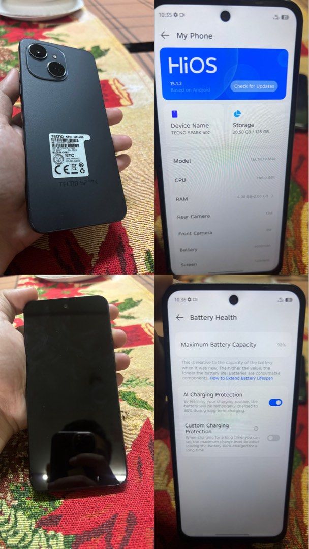 Sale Techno spark 40c 128gb (Category: OPPO) located in Manila. Submitted by silverstorm.52d028 (Listing ID 1470557681, Image 1). Description: Techno spark 40c 128gb issue may maliliit na dents lng no history repair goods for gaming 4k last price ko 3700.