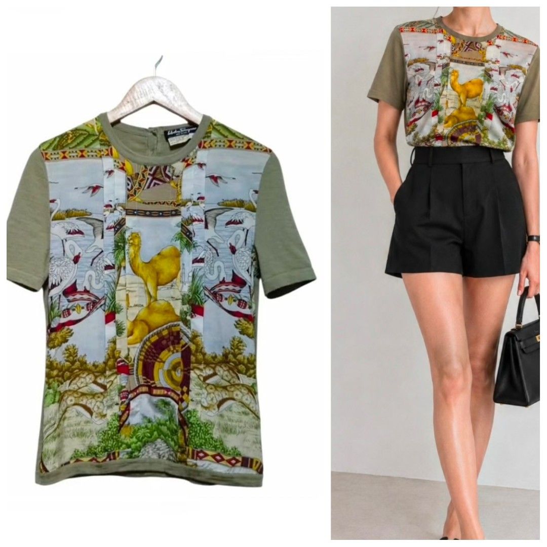 Salvatore Ferragamo Camel Print Shirt (Category: Luxury Apparel) located in Caloocan City. Submitted by modishthriftstore (Listing ID 1464519681, Image 1). Description: In excellent Condition S-M size Authentic Seasonal piece from Ferragamo silk front, knitted back.
