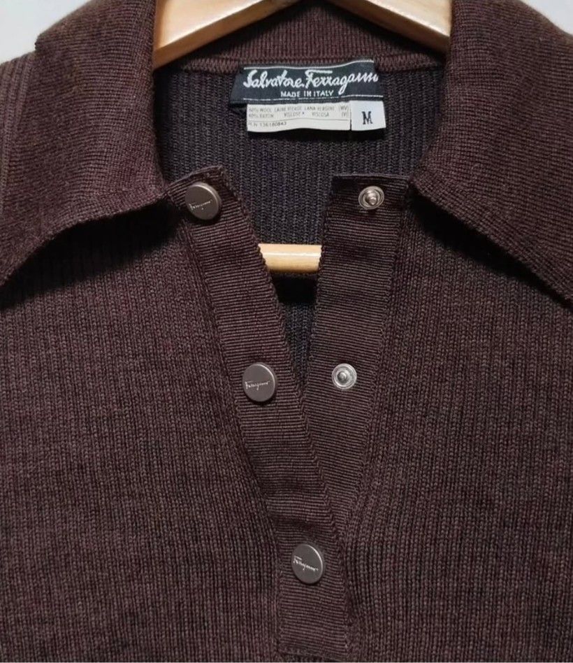Salvatore Ferragamo Dark Brown Knitted -Collared Sweater (Category: Luxury Apparel) located in Caloocan City. Submitted by modishthriftstore (Listing ID 1470567281, Image 1). Description: Like New Condition, No signs not wear!! S-M only, Stretchable True to Size Women's Authentic loc: North Caloocan.