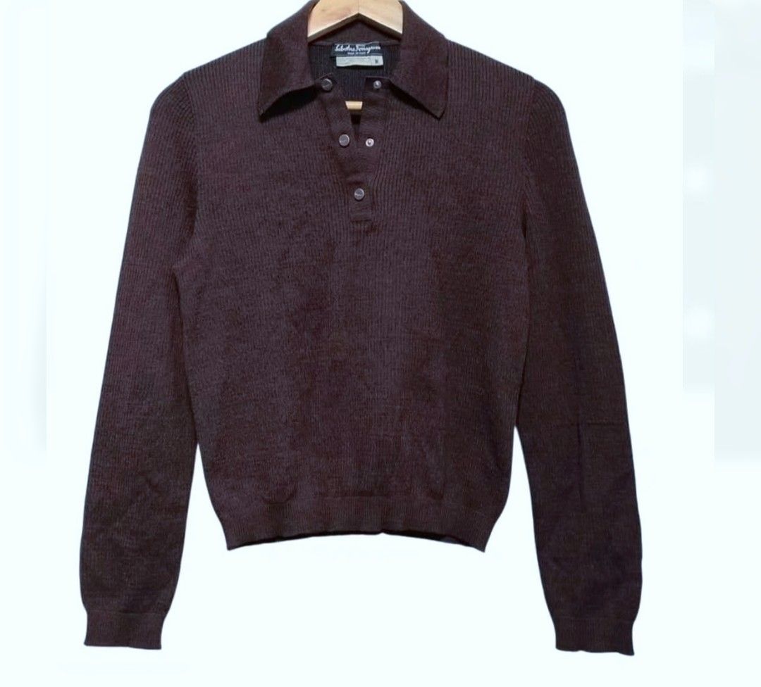 Salvatore Ferragamo Dark Brown Knitted -Collared Sweater (Category: Luxury Apparel) located in Caloocan City. Submitted by modishthriftstore (Listing ID 1470567281, Image 2). Description: Like New Condition, No signs not wear!! S-M only, Stretchable True to Size Women's Authentic loc: North Caloocan.
