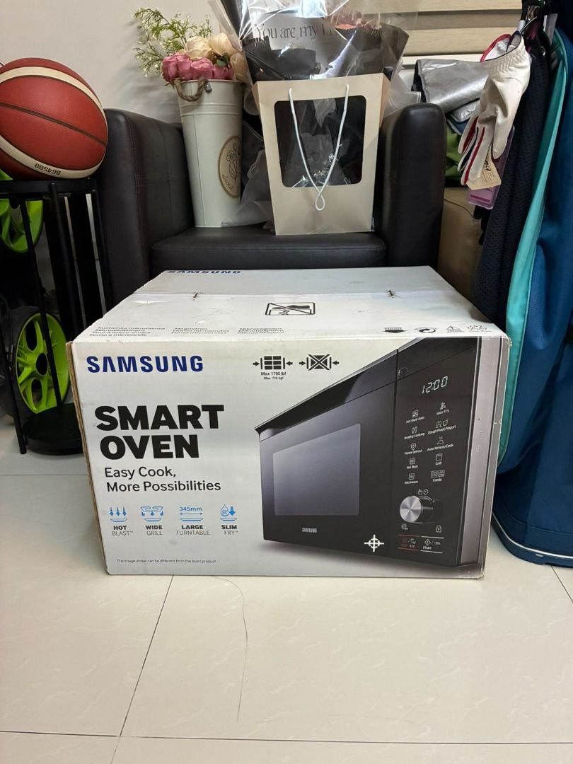 Samsung Smart Oven (Category: Ovens & Toasters) located in Tanauan. Submitted by the.thriftplug (Listing ID 1470571545, Image 1). Description: - Brand: Samsung Smart Oven - Condition: Brand new, factory-sealed in original box (never opened) - Key Features: Hot Blast, Slim Fry, wide grill, and large turntable - Reason for selling: Spare appliance, clearing home space - Delivery: Self-collection preferred (due to size and weight).