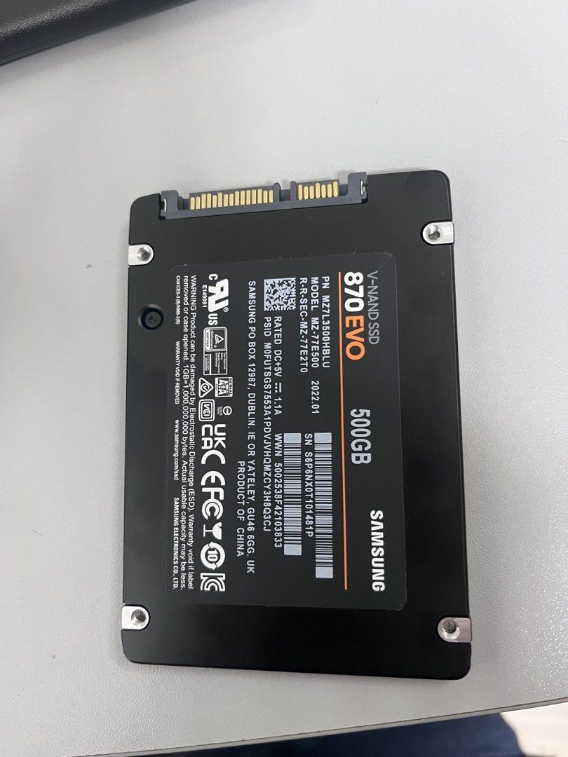 SAMSUNG SSD 870 EVO 500GB (Category: Computer Parts) located in Manila. Submitted by coleencastro74 (Listing ID 1470604939, Image 1). Description: SAMSUNG SSD 870 EVO 500GB LIKE NEW RFS may bagong laptop and di ko din magamit tong SSD check last image po for diagnostics po ng ssd.