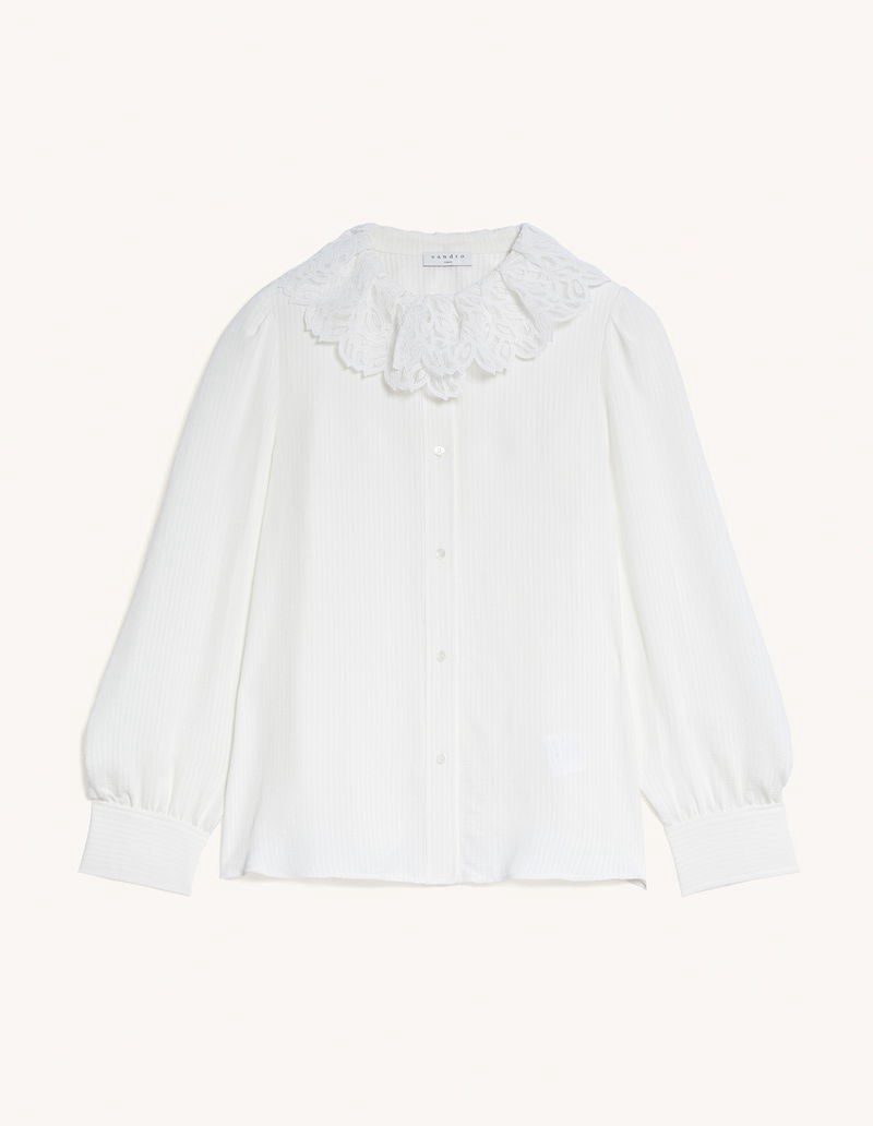 Sandro Longsleeves With Small Lace Collar (Category: Blouses) located in Quezon City. Submitted by dropdeadprices (Listing ID 1470629037, Image 2). Description: - Brand: Sandro - Details: Delicate lace collar and textured stripe fabric - Sleeves: Long sleeves with button cuffs - Closure: Front button-down closure - Styling: Classic look, easily pairs with jeans or skirts Fits xsmall to small frames 18 inches pit to pit when lid flat x 25.5 inches