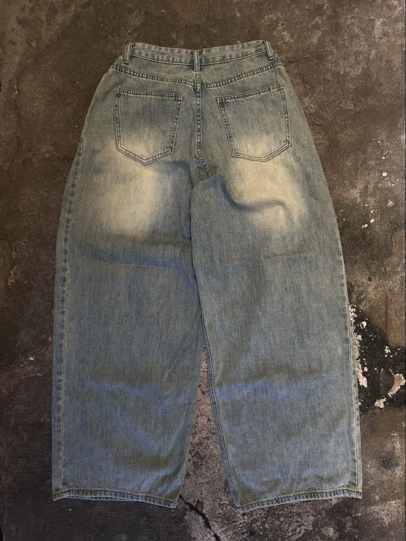 S-Bin Jeans Light Wash Wide Leg Denim (Category: Jeans) located in Iloilo. Submitted by astaaa777 (Listing ID 1470621813, Image 2). Description: 27-28 waist 40 length 11 lo Sandblasted baggy pants - Brand: S-Bin - Fit: Generous cut, relaxed barrel leg style - Details: Button closure, belt loops, and clean contrast stitching - Style: Heavy streetwear vibe.