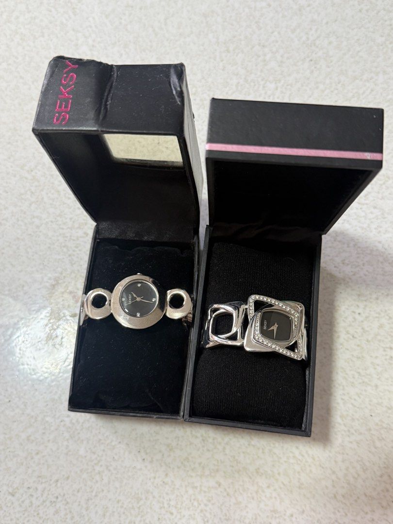 Seksy Silver Women’s Watch (Bundle) (Category: Women's Watches) located in Batangas. Submitted by eckaaa.finds (Listing ID 1470639756, Image 2). Description: Selling Seksy Women’s Watch in Silver Prices: ₱ 1,800 bundle ₱ 1,000 with Rhinestone ₱ 800 circle Complete box and booklet Needs new battery .