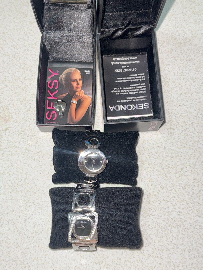 Seksy Silver Women’s Watch (Bundle) (Category: Women's Watches) located in Batangas. Submitted by eckaaa.finds (Listing ID 1470639756, Image 3). Description: Selling Seksy Women’s Watch in Silver Prices: ₱ 1,800 bundle ₱ 1,000 with Rhinestone ₱ 800 circle Complete box and booklet Needs new battery .