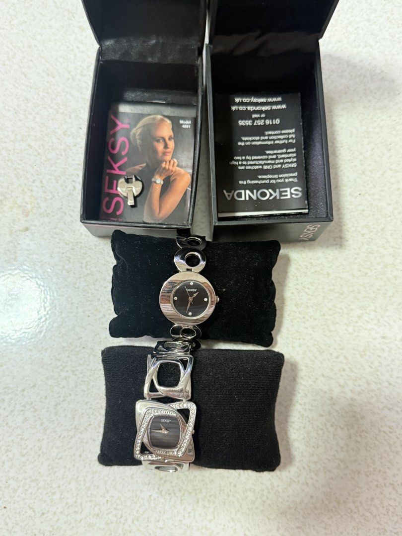 Seksy Silver Women’s Watch (Bundle) (Category: Women's Watches) located in Batangas. Submitted by eckaaa.finds (Listing ID 1470639756, Image 1). Description: Selling Seksy Women’s Watch in Silver Prices: ₱ 1,800 bundle ₱ 1,000 with Rhinestone ₱ 800 circle Complete box and booklet Needs new battery .