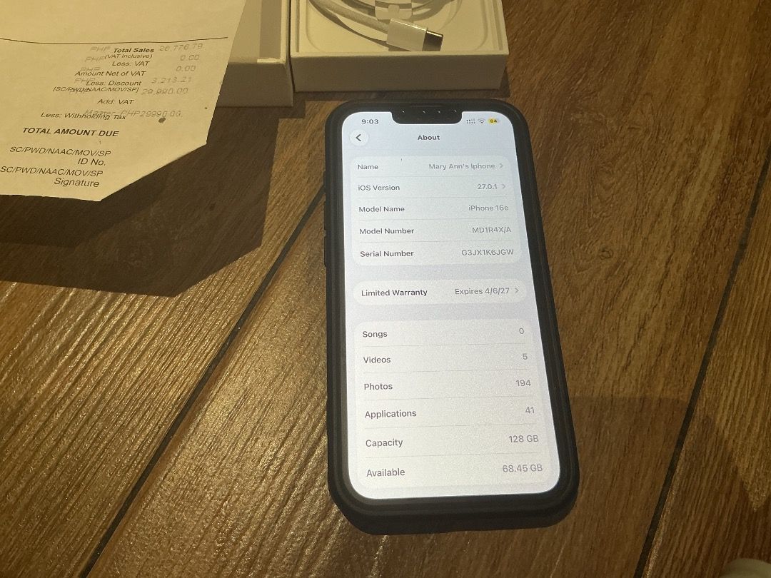 Selling Iphone 16e 128gb (Category: Other Mobile & Gadget Accessories) located in Paranaque City. Submitted by silentstorm.debe58 (Listing ID 1470682892, Image 3). Description: Selling Iphone 16e 128gb (unlocked/open line) Price: 25,000 Condition and infos :128gb Storage Color White : 100% Battery Health : Factory Unlocked/ Open Line :Under Apple Warranty until April 6,2027 Inclusions Original Box Original Apple USB C Charging Cable Original Purc