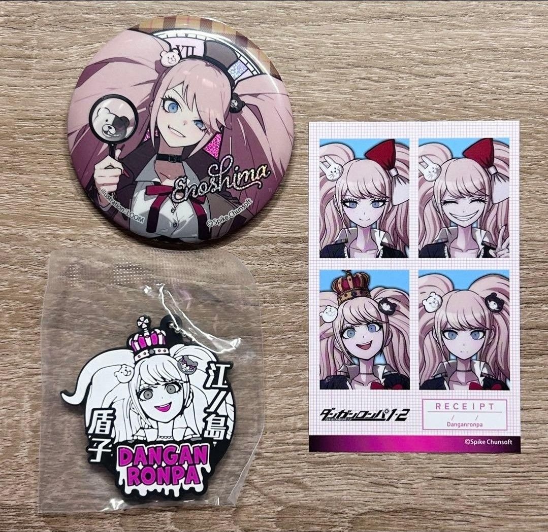 SET: Danganronpa Junko Enoshima Merch Set (Category: Character Goods) located in Santa Cruz. Submitted by majaful1997 (Listing ID 1470734811, Image 1). Description: - Official Danganronpa merchandise featuring Junko Enoshima - Set of 3: (1) Can Badge, (1) Rubber Keychain, (1) Photo style paper merch -ETA: DECEMBER 2026.