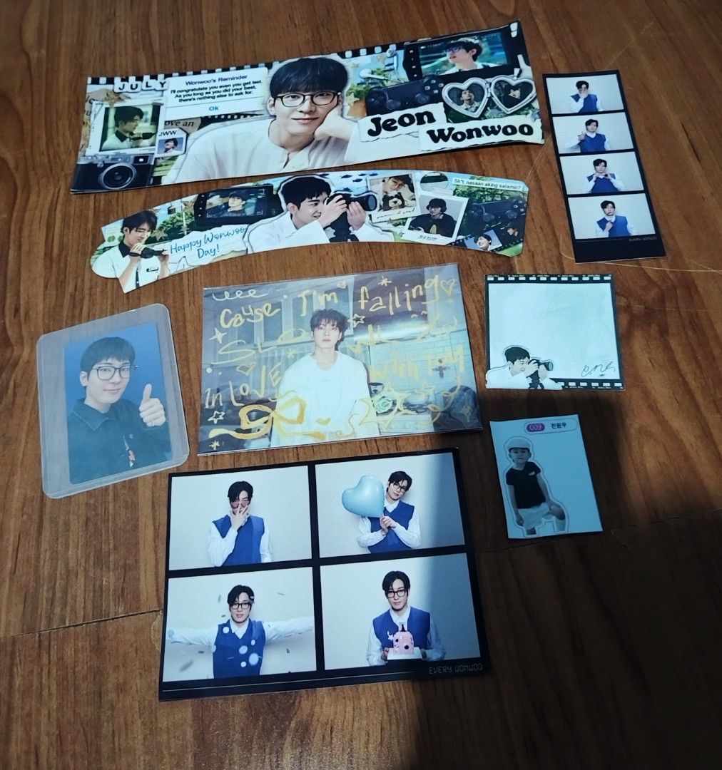 Seventeen Wonwoo Cupsleeve Set (Category: K-Wave Merchandise) located in San Pedro. Submitted by ajisai26 (Listing ID 1470727767, Image 3). Description: - Seventeen Jeon Wonwoo fanmade merch set - Includes photocards (with top loaders), cupsleeves, 4-cut photo strip, mini prints, notepad, and stickers.