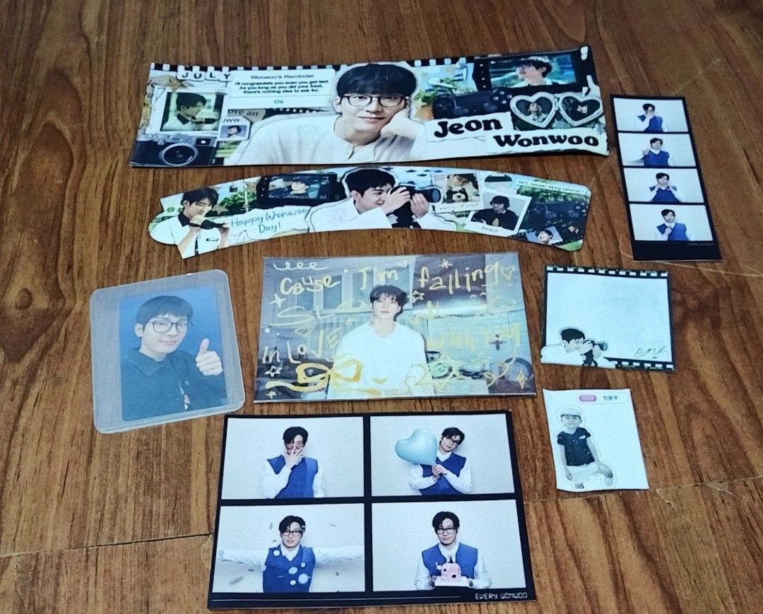 Seventeen Wonwoo Cupsleeve Set (Category: K-Wave Merchandise) located in San Pedro. Submitted by ajisai26 (Listing ID 1470727767, Image 2). Description: - Seventeen Jeon Wonwoo fanmade merch set - Includes photocards (with top loaders), cupsleeves, 4-cut photo strip, mini prints, notepad, and stickers.