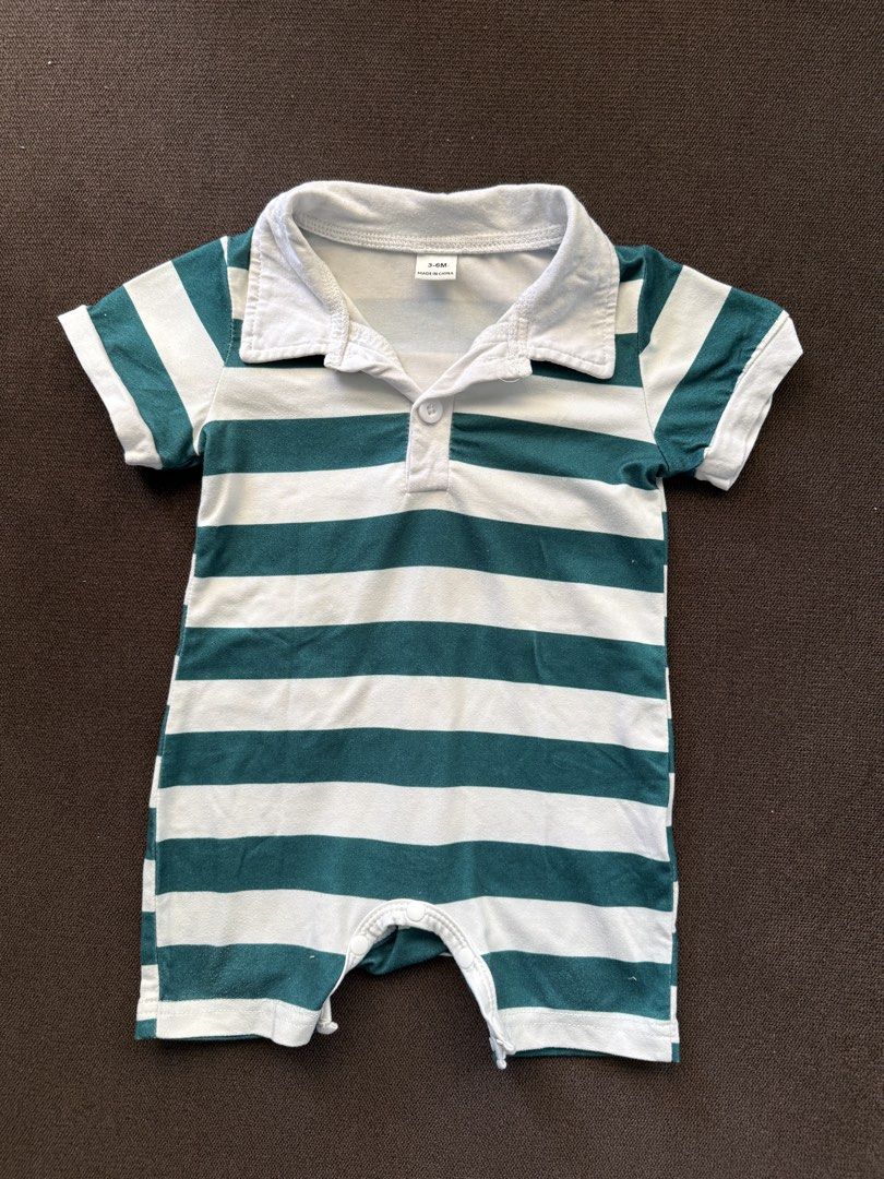 SHEIN Baby Polo Rompers Bundle 3-6M Green Striped Solid (Category: Babies & Kids Fashion) located in Paranaque City. Submitted by trishloren0608 (Listing ID 1470569568, Image 2). Description: - Bundle of 2 baby rompers (Size: 3-6 months) - Designs: 1 dark green & white striped romper, 1 solid dark green romper - Features: Classic polo collar, short sleeves, and button placket - Convenience: Bottom snap buttons for quick and easy diaper changes - 
