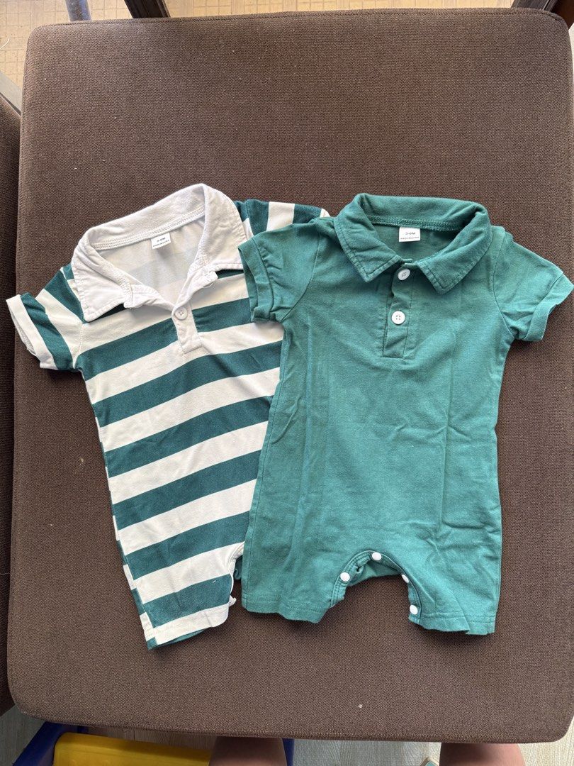 SHEIN Baby Polo Rompers Bundle 3-6M Green Striped Solid (Category: Babies & Kids Fashion) located in Paranaque City. Submitted by trishloren0608 (Listing ID 1470569568, Image 1). Description: - Bundle of 2 baby rompers (Size: 3-6 months) - Designs: 1 dark green & white striped romper, 1 solid dark green romper - Features: Classic polo collar, short sleeves, and button placket - Convenience: Bottom snap buttons for quick and easy diaper changes - 