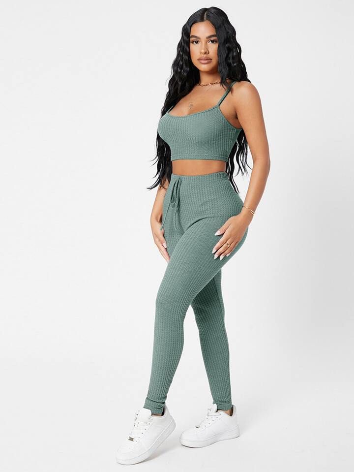 Shein Coords Waffle Knit Top and Pants (Category: Sets or Coordinates) located in Quezon City. Submitted by declutteringoodfinds (Listing ID 1470628150, Image 2). Description: Colour: Green With Shein pouch RFS: Decluttering impulsive buys.