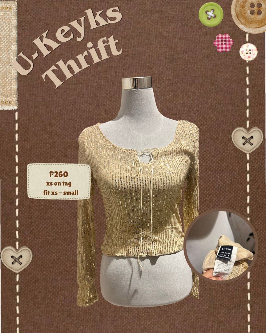 SHEIN Gold Sequin Long Sleeve Tie Top (Category: Longsleeves) located in Cavite. Submitted by ukeyks (Listing ID 1470669580, Image 1). Description: - Brand: SHEIN - Size: XS (fits up to Small, has stretch) - Color/Design: Fully covered in gold sequins with long sleeves - Details: Scoop neckline and cute front tie string .