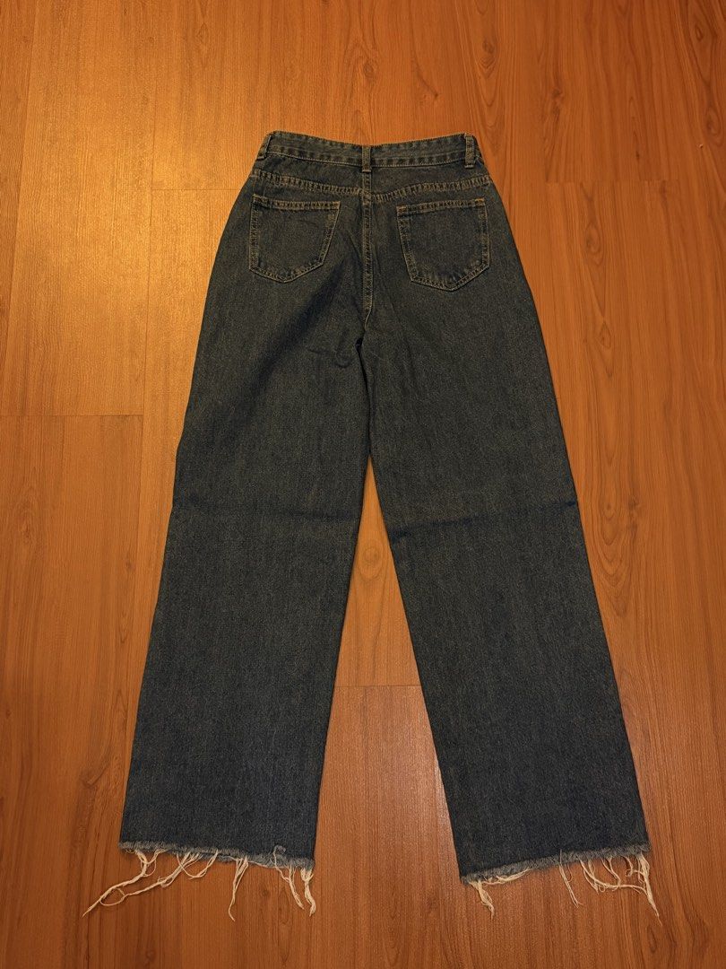 Shein High Waisted Distressed Hem Jeans Size S (Category: Jeans) located in Manila. Submitted by preloved123. (Listing ID 1470715556, Image 2). Description: - Brand: SHEIN - Size: Small (EU 36 / US 4) - Color/Wash: Dark wash denim - Fit: High-waisted with straight wide legs.
