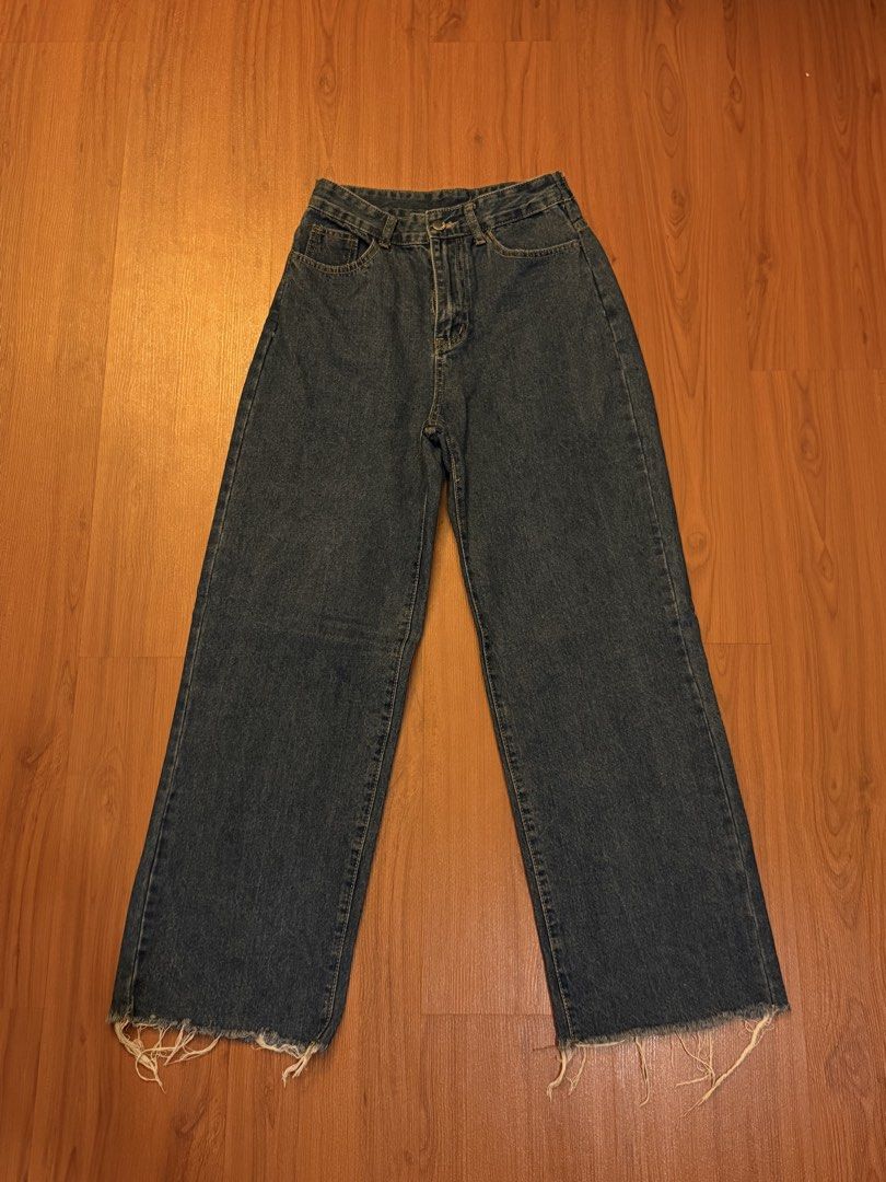 Shein High Waisted Distressed Hem Jeans Size S (Category: Jeans) located in Manila. Submitted by preloved123. (Listing ID 1470715556, Image 1). Description: - Brand: SHEIN - Size: Small (EU 36 / US 4) - Color/Wash: Dark wash denim - Fit: High-waisted with straight wide legs.