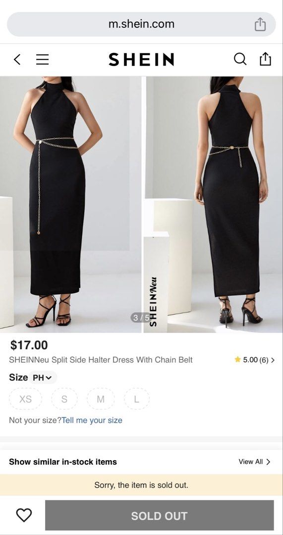 SHEIN Maxi Split Side Halter Dress With Chain Belt (Category: Dresses) located in Quezon City. Submitted by declutteringoodfinds (Listing ID 1470623459, Image 2). Description: Color: Black With slit With belt slot and removable chain belt Stretchable material With Shein pouch RFS: Decluttering impulsive buys.