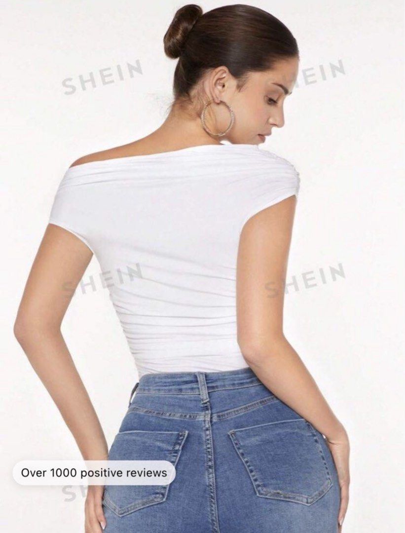 Shein Off Shoulder Ruched Bodycon Top (Category: Sleeveless) located in Dasmarinas. Submitted by littleczarmer (Listing ID 1470600783, Image 2). Description: - 220 php each; available in black and white - 380php only for 2 :) - never worn .