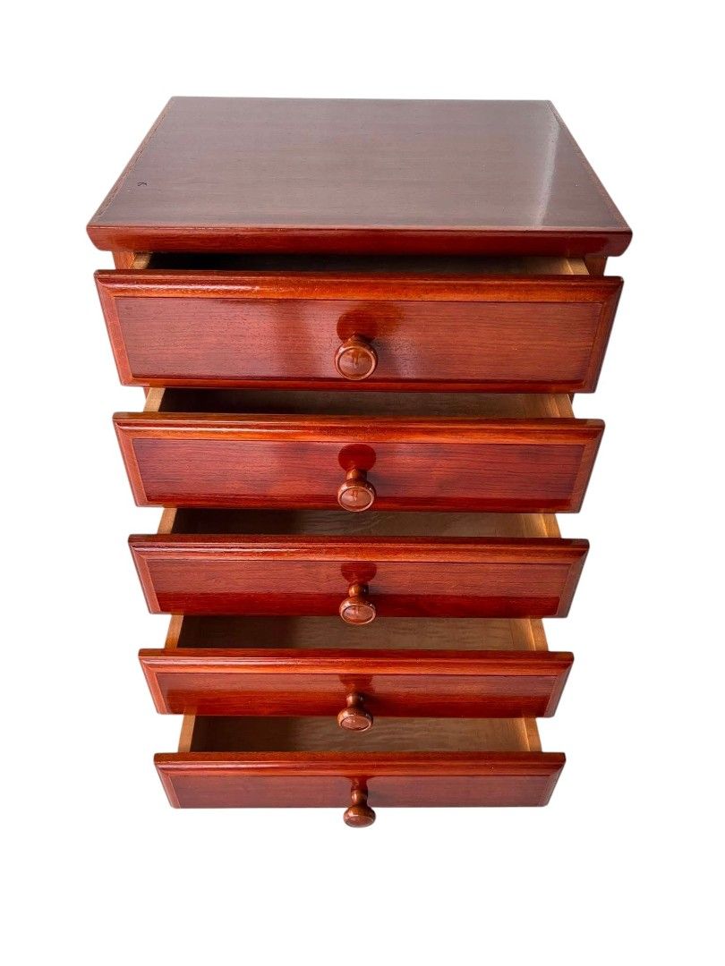 SIDE DRAWER (Category: Shelves, Cabinets & Racks) located in Mexico. Submitted by mgracejapansurplus (Listing ID 1470607721, Image 3). Description: NEW ARRIVAL 🇯🇵 SIDE DRAWER ✨ - Solid Wood Side Drawer - Beautiful warm wood grain with glossy finish - 5 stacked drawers with round wooden knobs - Compact & sturdy — perfect for bedside, hallway, or corner - Dimensions: L15" × W12" × H22" - Price: ₱5,800 ✅ DELIVERY PICK UP/LALAMOVE ✅MOP: GCASH MARIB