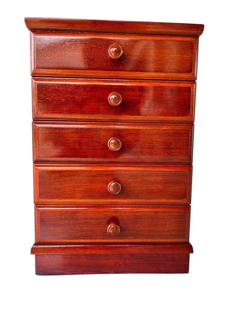 SIDE DRAWER (Category: Shelves, Cabinets & Racks) located in Mexico. Submitted by mgracejapansurplus (Listing ID 1470607721, Image 1). Description: NEW ARRIVAL 🇯🇵 SIDE DRAWER ✨ - Solid Wood Side Drawer - Beautiful warm wood grain with glossy finish - 5 stacked drawers with round wooden knobs - Compact & sturdy — perfect for bedside, hallway, or corner - Dimensions: L15" × W12" × H22" - Price: ₱5,800 ✅ DELIVERY PICK UP/LALAMOVE ✅MOP: GCASH MARIB