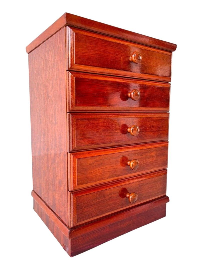 SIDE DRAWER (Category: Shelves, Cabinets & Racks) located in Mexico. Submitted by mgracejapansurplus (Listing ID 1470607721, Image 2). Description: NEW ARRIVAL 🇯🇵 SIDE DRAWER ✨ - Solid Wood Side Drawer - Beautiful warm wood grain with glossy finish - 5 stacked drawers with round wooden knobs - Compact & sturdy — perfect for bedside, hallway, or corner - Dimensions: L15" × W12" × H22" - Price: ₱5,800 ✅ DELIVERY PICK UP/LALAMOVE ✅MOP: GCASH MARIB