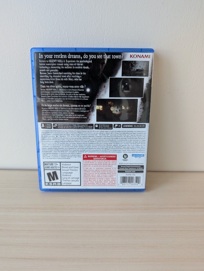 Silent Hill 2 Remake PS5 Game (Category: PlayStation) located in Paranaque City. Submitted by midcast18 (Listing ID 1470565714, Image 2). Description: Game: Silent Hill 2 Remake Platform: PlayStation 5 (PS5) Condition: Case and disc are in excellent condition (like new) RFS: I thoroughly enjoyed this game. However, I got scared once I got to the Toluca Prison section, so I didn't bother continuing..