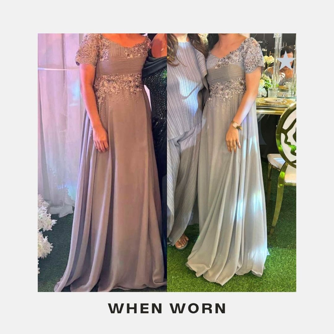 Silver Long Evening Gown Dress Size M (Category: Evening dresses & gowns) located in Guiguinto. Submitted by mariejenna.b (Listing ID 1470575564, Image 3). Description: - Color: Silver - Size: M - Full length: 54 inches - Design: Off-shoulder with short puffy sleeves, pleated bodice, floral embroidery, and sequin waist details - Skirt: Flowy, floor-length chiffon - Ideal for: Weddings, formal dinners, and special occasions RFS: decluttering my cl