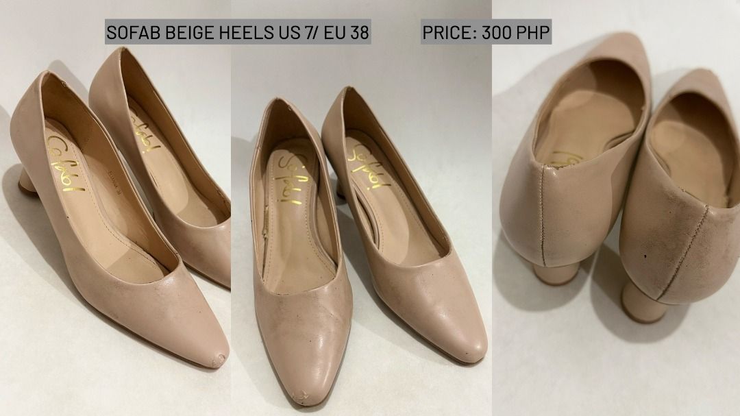 Sofab Nude Pointed Toe Heels Size 38 (Category: Heels) located in Makati City. Submitted by joy.oriioo (Listing ID 1470592448, Image 1). Description: - Brand/Style: Sofibi nude pointed toe heels - Size: 38 - Material: Faux leather finish with gold-stamped insoles - Heel: Comfortable chunky flared heel for everyday or formal wear - Condition: Visible wear on the toes and minor scuffs along the sides and back heels.