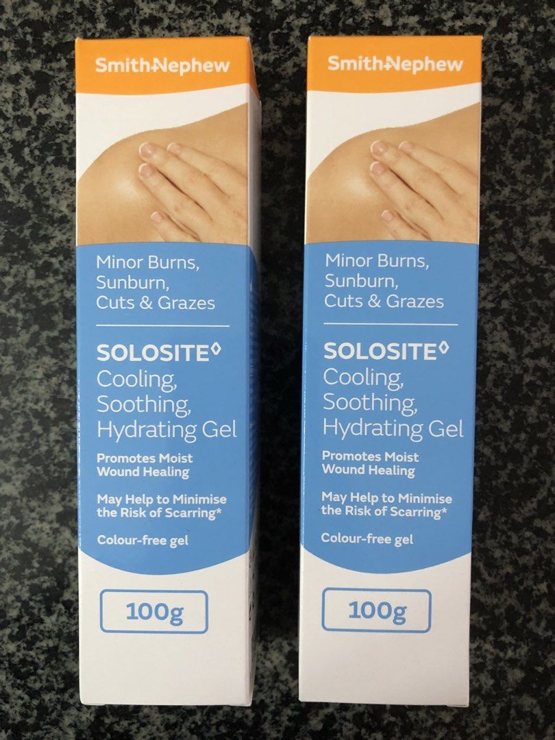 Solosite Wound Gel 100 g. by Smith & Nephew (Category: Medical Supplies & Tools) located in Quezon City. Submitted by lots2love (Listing ID 1470621639, Image 1). Description: Solosite Wound Gel 100 g. - by Smith & Nephew - 2 tubes available at P853/tube - recently purchased from Australia - Manufactured in 2026 - Expiration date is in 2028 - Cooling, Soothing, Hydrating Wound Gel - For minor burns, sunburn, superficial cuts and lacerations & graz
