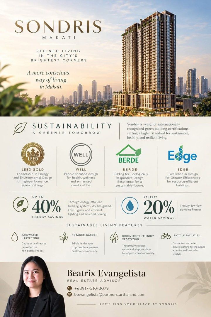 SONDRIS by Arthaland (Category: Apartments & Condos) located in Las Pinas. Submitted by tera.pieces (Listing ID 1470628117, Image 1). Description: A Greener Way to Live. A Better Way to Thrive. Discover SONDRIS by ARTHALAND, where refined living meets sustainability and wellness. Designed for a more conscious lifestyle, Sondris is targeting LEED Gold, WELL, BERDE, and EDGE certifications, with features designed to deliver: * Up to 40% energy savi