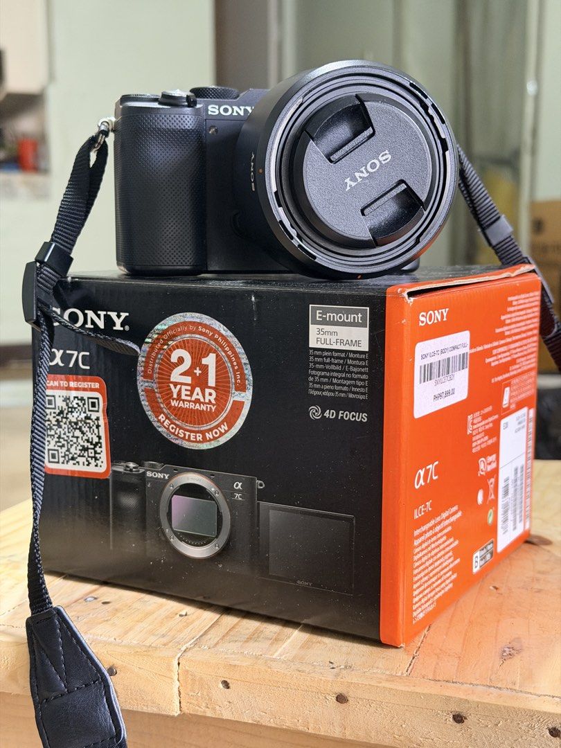 Sony Alpha 7C Full-Frame Mirrorless Camera (Category: Cameras) located in Makati City. Submitted by pj.vargas20 (Listing ID 1470574198, Image 1). Description: RFS: Quitting photography Meet Complete with box and 2 batteries Sony Alpha 7C full-frame mirrorless camera with FE 50mm f/1.8 lens. Features 4K video, flip-out screen, and E-mount system. Comes with original box and strap. Clean glass and fully functional with minor dust on the screen..