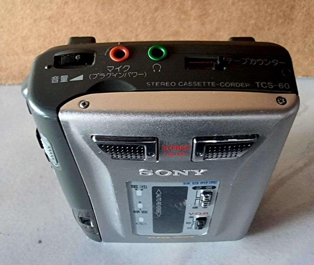 Sony TCS-60 Stereo Cassette Recorder (Category: Portable Music Players) located in Davao. Submitted by joee.joee (Listing ID 1470608952, Image 2). Description: - Model: Sony TCS-60 Stereo Cassette Recorder - Color: Sleek silver and grey body - Audio features: Built-in flat stereo microphones, auto reverse mechanism, speed control dial, VOR switch, and clear voice function - Controls & Ports: Tape counter, standard headphone jack, and microphone i
