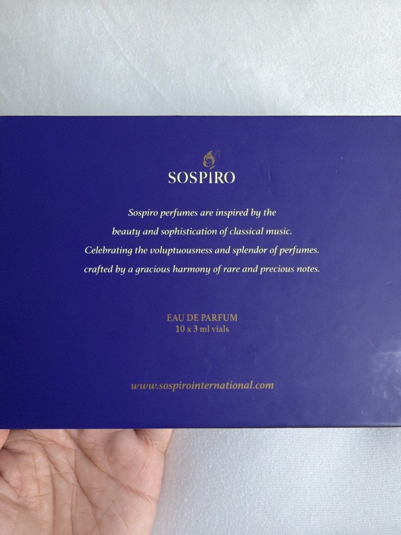 Sospiro Discovery Set 10 x 3 ml Vials Eau de Parfum (Category: Fragrance & Deodorants) located in Makati City. Submitted by cheapipie (Listing ID 1470637010, Image 3). Description: - 100% authentic Sospiro Discovery Set in blue presentation box. Great gift for collectors and fragheads. - Brand new and completely unused - Contains 10 individual 3ml eau de parfum vials (Total: 30ml) - Featured scents: Maraschino, Erba Leather, Dolce Melodia, Vibrat