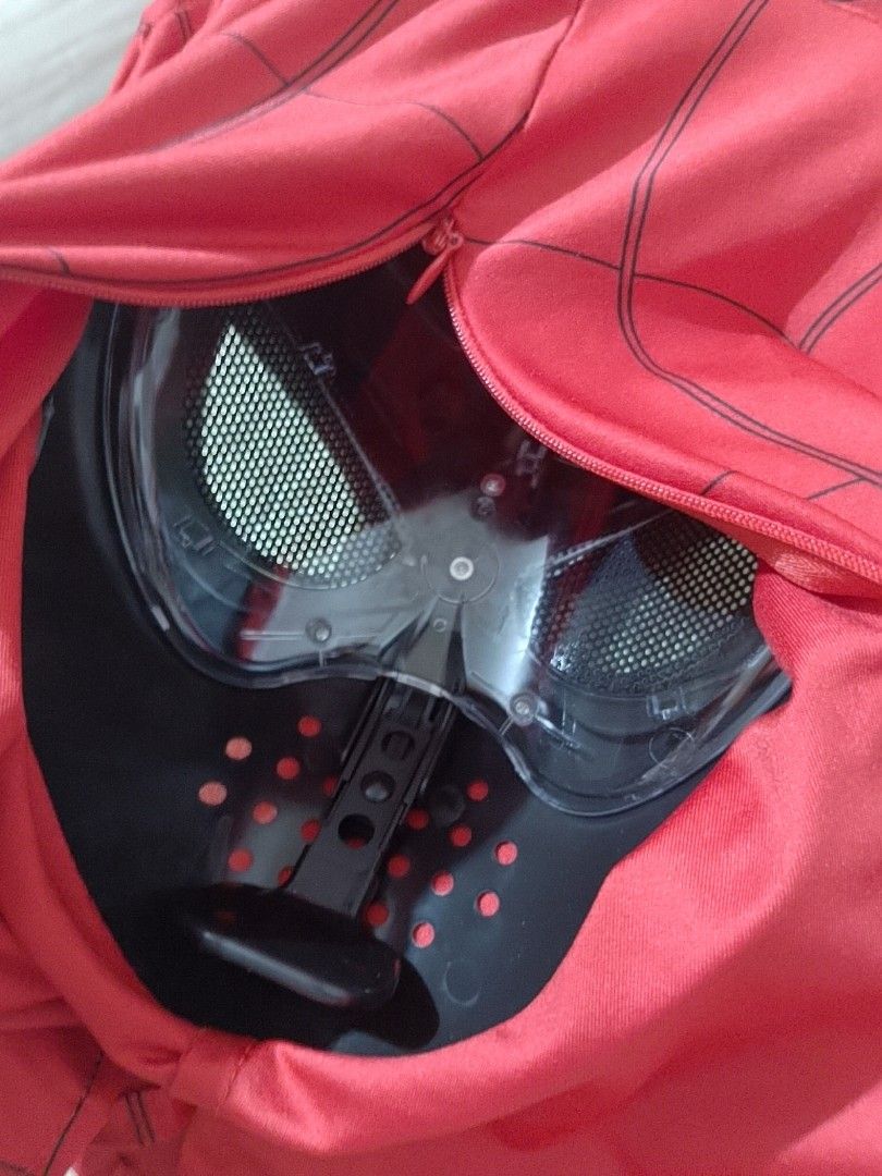 Spiderman mask with Eye Movement (Category: Western Merchandise) located in Pasig City. Submitted by sweetchinchin15 (Listing ID 1470574739, Image 3). Description: Spider-Man red fabric mask with black webbing print. Features black rigid eye frames with white mesh lenses. Moving eye mechanism inside controlled by a chin piece. Size is 36x18cm. Includes original packaging box. Elastic material, comfortable to wear for cosplay or parties..