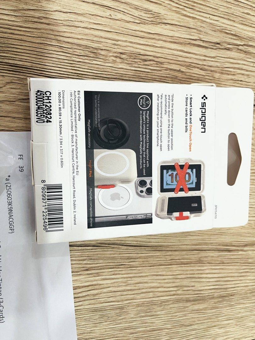 Spigen Magsafe Card Holder and wallet (Category: Cases & Sleeves) located in Quezon City. Submitted by ccgem (Listing ID 1470639685, Image 3). Description: Spigen Magfit + Card Holder TinTap wallet Color: Dune Beige Bought at ₱2900, selling very low Good as new Very very strong magnetic attachment Has integrated magsafe on top for popsockets Can hold up to 6 cards plus bills Built-in lock feature Non-staining, keeps its clean looking color RFS: b