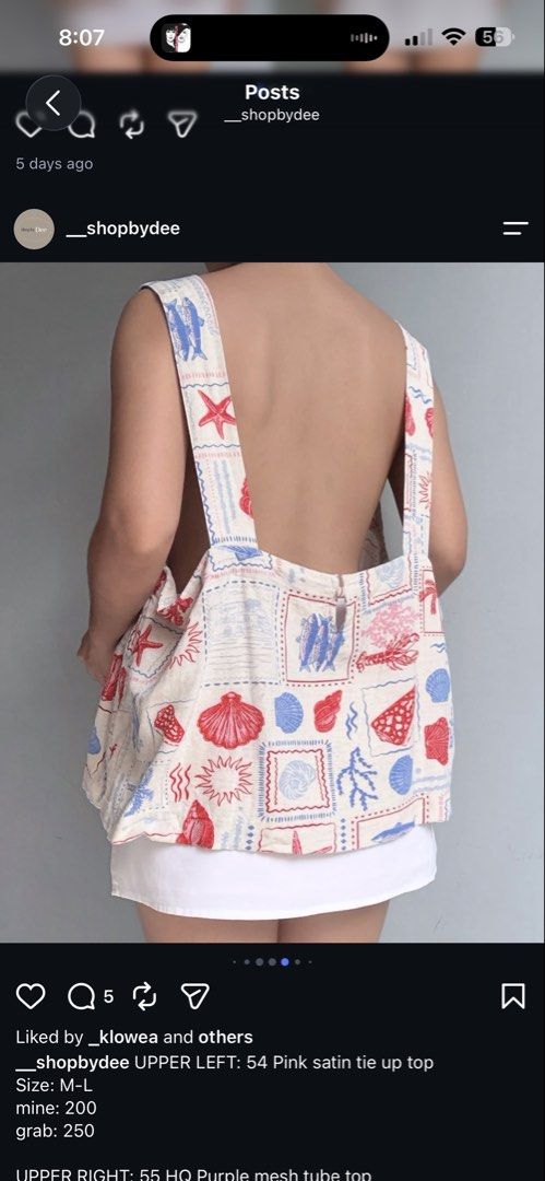 Square neck nautical print open back top (Category: Sleeveless) located in Davao. Submitted by summercapsule.davao (Listing ID 1470606091, Image 3). Description: - Color: Cream with blue and red marine graphics (lobsters, seashells, starfish, fish) - Neckline: Square neckline with thick straps - Back Style: Trendy deep open back - Fit: Airy and relaxed - Best For: Summer days, beach getaways, casual pairing with shorts or skirts - Condition: Bran