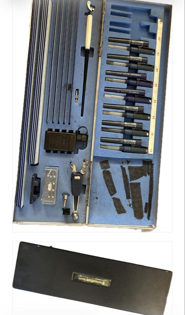 Staedtler Mars Lettering No. 975 19 Technical Pen Set (Category: Stationery & School Supplies) located in Manila. Submitted by giatra012024768 (Listing ID 1470605004, Image 1). Description: - Complete vintage Staedtler Mars lettering and technical drawing set - Includes technical pens with multiple nib sizes ranging from 0.1 to 1.2 - Comes with a precision compass, drafting guides, and an ink bottle - Original black storage box featuring an elega