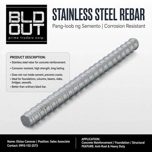 STAINLESS STEEL BAR (Category: Construction & Building Materials) located in Caloocan City. Submitted by free_claire (Listing ID 1470616138, Image 1). Description: STAINLESS STEEL REBAR 🔩 Pang-loob ng Semento | Corrosion Resistant Pang-matibay na pundasyon, hindi kinakalawang sa loob ng semento! ✅ Ano ito? Stainless steel rebar para sa concrete reinforcement - mas matibay kesa ordinary black bar! 🔹 Corrosion resistant - hindi kinakalawang sa lo